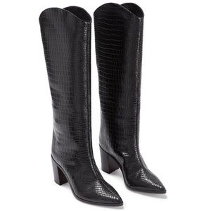 NEW 7 SCHUTZ Maryana Tall Black Croc Leather Pull On Block Heel Boot